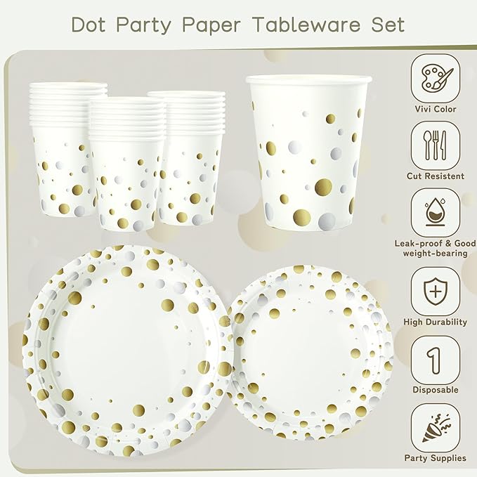 White and Gold Dots Plates Set for 24 Guests,168PCS Disposable Dinnerware Party Supplies,Paper Plates Napkins Cups Gold Forks Knives Spoons for Birthday Baby Shower Graduation Retirement Anniversary