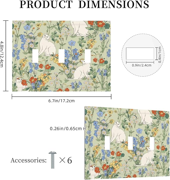 Decorative Switch Plates Vintage Floral Cute Cat Colorful Flowers 3 Gang Wall Plate Triple Toggle Light Switch Cover Faceplate Electrical Wall Panels For Bed Room Living Room Decor