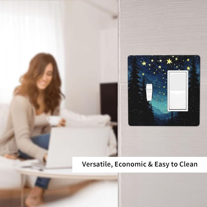 Outlet Covers Blue Starry Sky Forest Painted Star Pine Tree Oil Painting 1 Toggle 1 Rocker Combination Decorative Wall Plate Light Switch Cover Plate Electrical Switch Plates for Bedroom