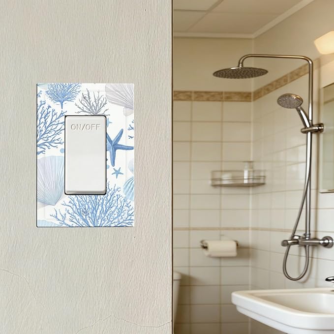 Coastal Blue Coral & Starfish Single Rocker Switch Cover - 1-Gang Standard US Size Watercolor Ocean Treasures Light Switch Covers, Serene Underwater Garden for Beach House Decor