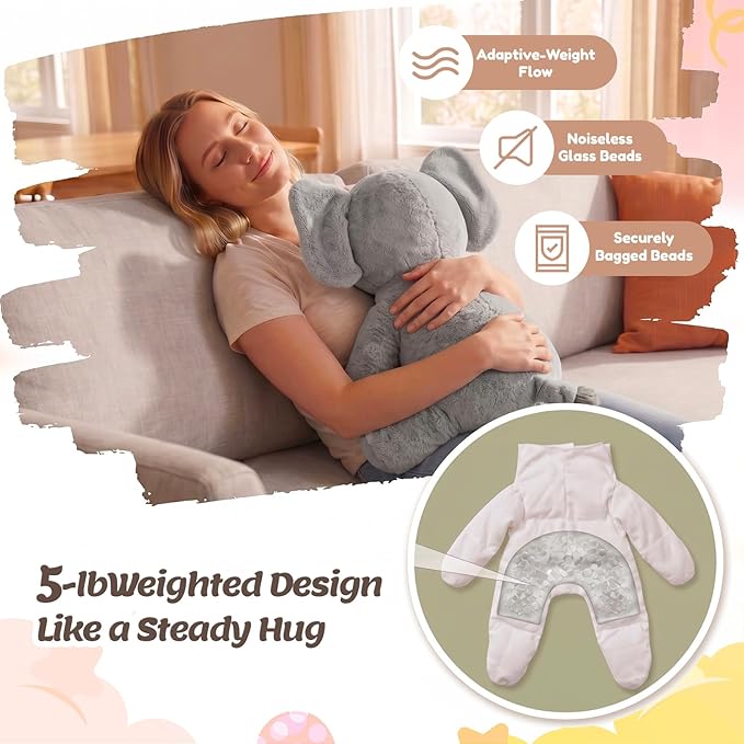 BRICHOEE 5lbs Weighted Elephant Stuffed Animals, 20'' Weighted Comfort Sensory Soothing Plush Toy, Cuddling Calming Cuddle Companion Gifts for Adults & Kids