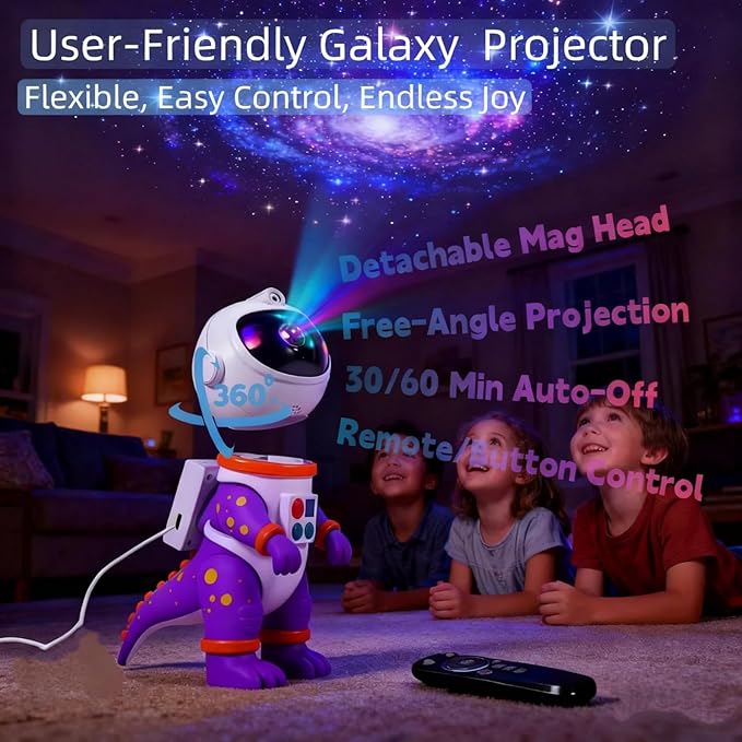 Galaxy Star Projection Night Light, Dinosaur Astronaut Space Projector with Timer, Remote Control, 8 Lighting Modes, Green Nebula Effects for Kids Room Ceiling Decor(Purple)