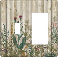 Vintage Wild Flowers Botanical Green Leaves Plants 2 Gang Single Toggle Rocker Combination Light Switch Cover Rustic Wood Plank Decorative Wall Plate Cover Electrical Faceplate Switchplate