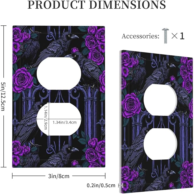 Outlet Covers Gothic Style Crow Purple Flowers 1 Gang Duplex Electrical Receptacle Faceplate Light Switch Cover Wall Plate Decorative Switch Plates for Bedroom living Room Decor
