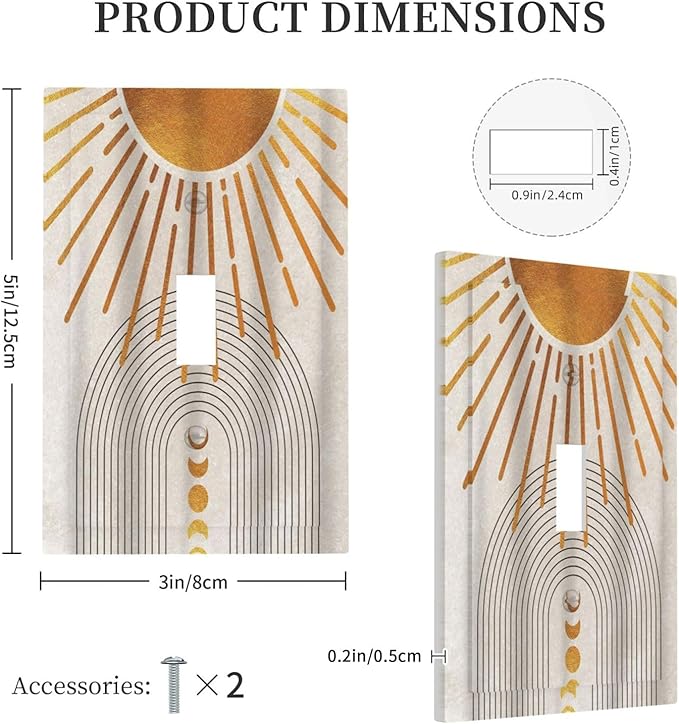 Mid Century Gold Sun Abstract Arch Boho Moon 1 Gang Light Switch Covers Decorative Unique Single Toggle Wall Plate Switchcover Electrical Switchplate for Kitchen Bathroom Bedroom Decor