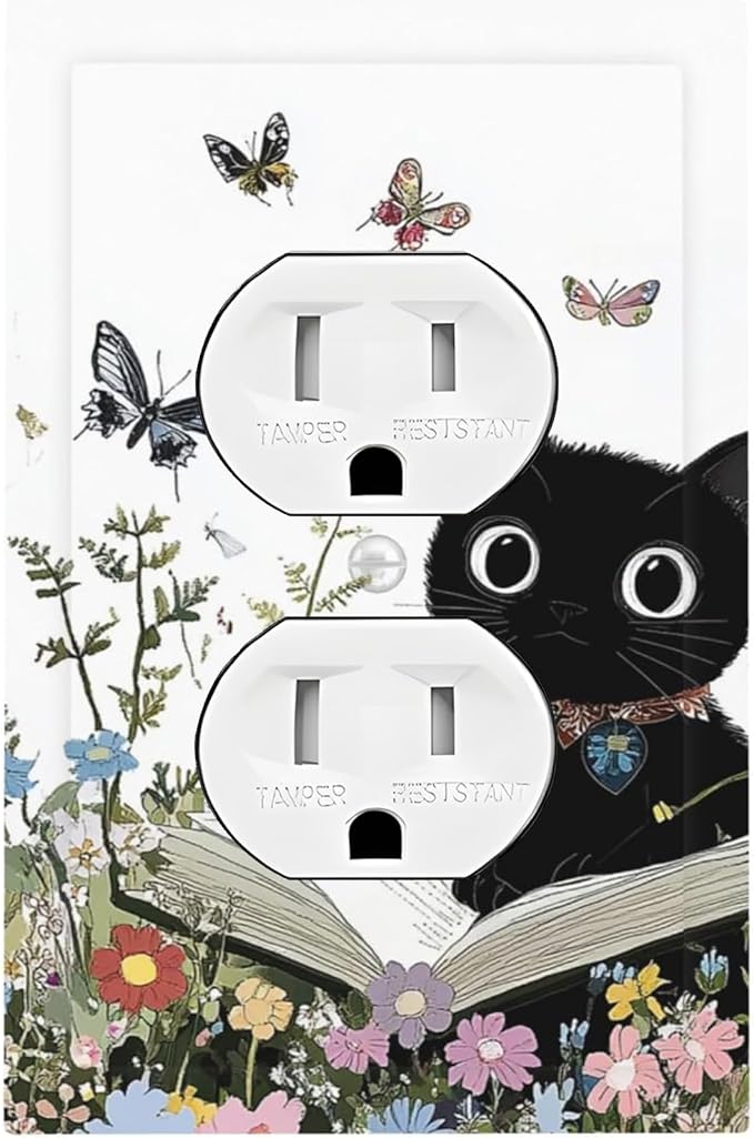 Outlet Covers Cute Cat Wildflowers Boho Flowers Floral 1 Gang Duplex Light Switch Cover Decorative Switch Plates Electrical Receptacle Faceplate Wall Plate For Nursery Kids Room Decor