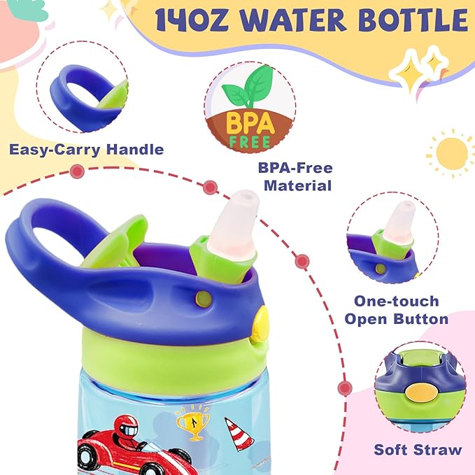 14oz Racing Car Kids Water Bottle with Straw Lid - Cool Water Bottles for Kids, Leakproof, Lightweight, Durable Plastic Bottles for School, Pop-Up Straw Cover, Gift Cup for Girls Boys (Racing Car)
