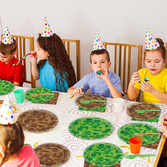96 Pcs Pixel Party Paper Plates and Napkins Pixel Party Decorations Video Game Disposable Dessert Plates Mining Gaming Tableware Set Serves 24 Guests Boys Girls Kids Teenagers Birthday Supplies