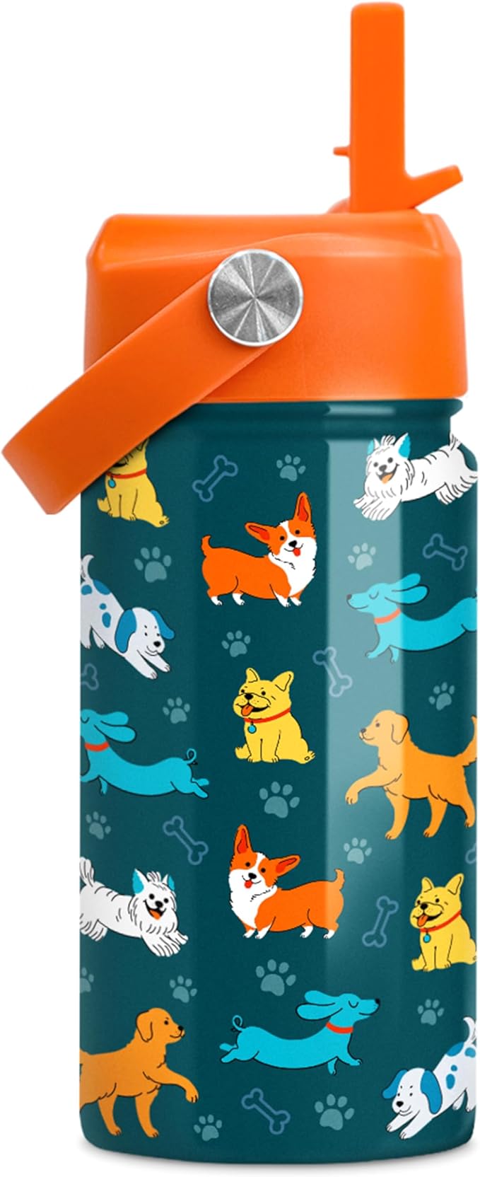 SANDJEST Puppy Water Bottle - Kids Water Bottle with Straw Lid - 12 Oz Insulated Stainless Steel Water Bottles for Kid Boys Girls - Travel Cup for School Sports