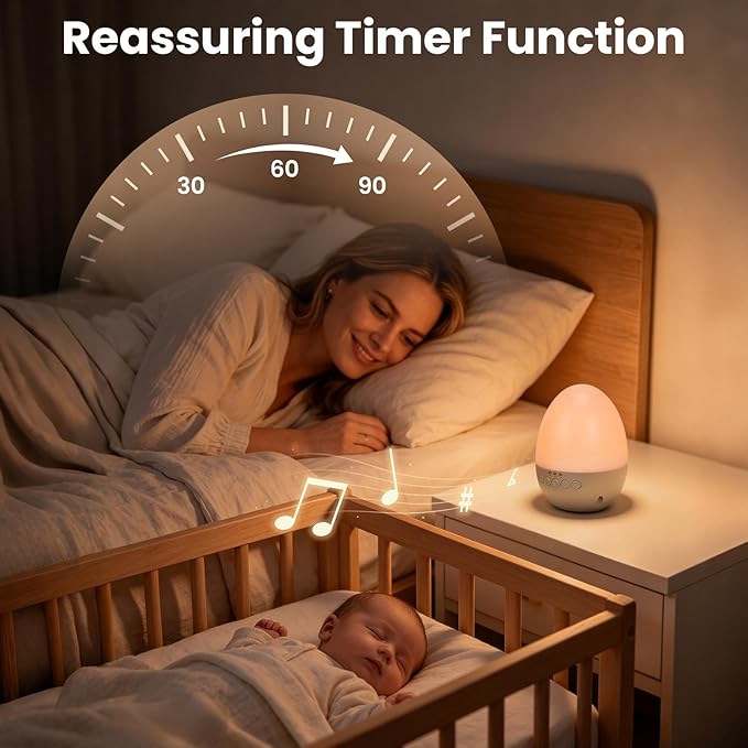 Egg Light for Nursery,Egg Night Light with 30 White Noise Sounds,30/60/90 Min Timer,BPA Free,Rechargeable Nursery Night Light with 2 Lighting Effects,Portable Egg Lamp for New Moms of Toddlers