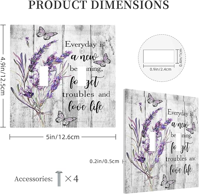 Light Switch Cover Purple Lavender Flower Butterfly on Wood Plank 2 Gang Wall Plate Double Light Switch Plate Inspirational quotation Floral Toggle Decorative Outlet Covers Electrical Switchplate
