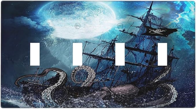 Moon Ocean Nautical Octopus 4 Gang Device Light Switch Cover Decorative Quad Toggle Wall Plate Decorative Electrical Faceplate for Home Bedroom Art Decorate
