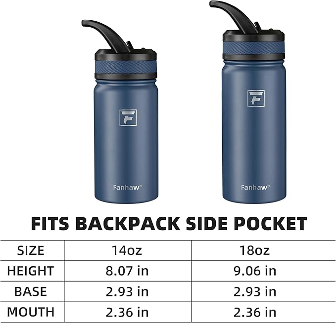 Fanhaw 14 Oz Kids Insulated Water Bottle with Straw Lid – Stainless Steel Double Wall Vacuum, Leak-Proof, BPA-Free Water Bottles for School Boys & Girls(Navy Blue)