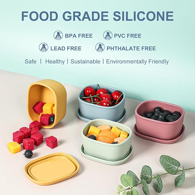 4 pcs 7 oz Silicone Snack Containers for Kids Small Food Containers with Lids, Fruit Container for Lunch, Stackable Lunch Container for Kids, Daycare, School and Travel