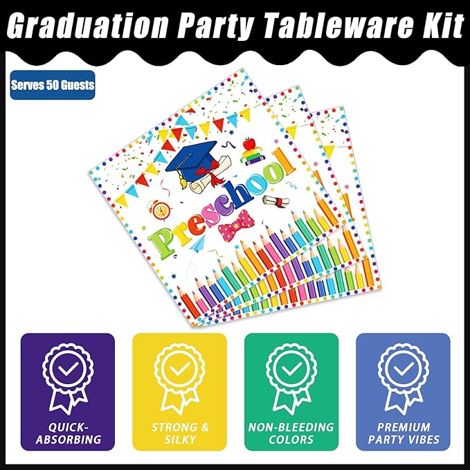 Kepeel 200Pcs Preschool Graduation Party Tableware Set, 2026 Pre-K Grad Party Supplies Decorations Preschool Kindergarten Graduate Party Dessert Plates Napkins Favor for Boys Girls, Serves 50 (White)
