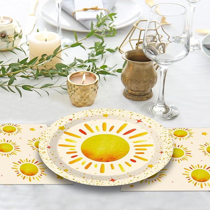 96 Pieces First Trip Around The Sun Decorations Sunshine Birthday Party Plates Boho Sun Disposable Plates Napkins Folks Paper Tableware Set for 1st Trip Around The Sun Birthday Girls Boys Supplies