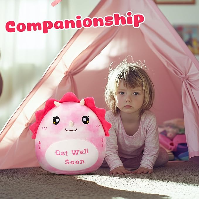 WEWILL 12'' Get Well Soon Dinosaur Soft Plush Pillow, Pink Triceratops Stuffed Animal Toy Gifts for Toddler Kids Boys Girls