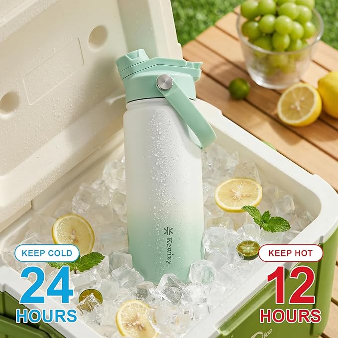 KEWIXY 18 oz Insulated Water Bottle with Straw, 2-in-1 Lid, Straw & Spout, Leak Proof, Cup Holder Fit, Stainless Steel with Handle, Reusable, Metal, for Travel, Gym and School (Icy Mint)