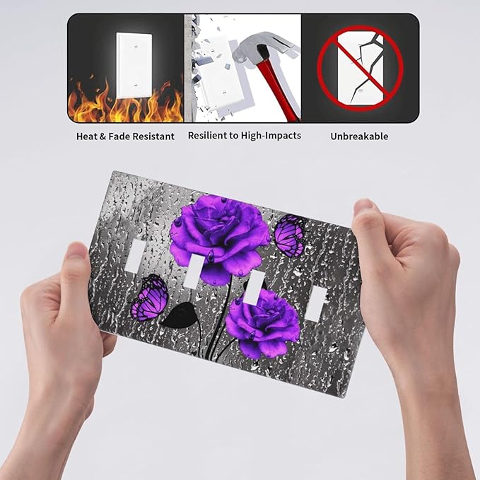 Romantic Purple Butterfly Rose Flower Decorative 4 Gang Quad Toggle Light Switch Cover Electric Large Size Quadruple Faceplate Decorative Switch Face Wallplate
