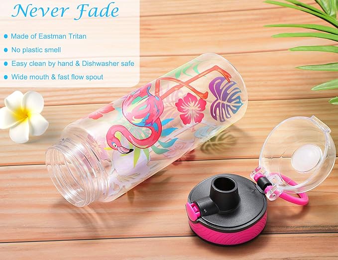 Home Tune Cute Water Bottle for School Kids Girls, BPA FREE Tritan & Leak Proof & Easy Clean & Carry Handle, 23oz/ 680ml - Flamingo