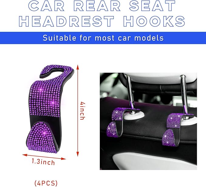 Ohleats 4 PCS Bling Car Seat Headrest Hooks, Crystal Rhinestone Back Seat Hanging Storage Organizer, Vehicle Seat Hanger Holder for Purse Handbag Coat, Interior Car Accessories (Purple)