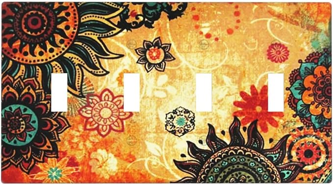 Red Orange Boho Bohemian Flower Floral Decorative 4 Gang Quad Toggle Light Switch Cover Electric Large Size Quadruple Faceplate Decorative Switch Face Wallplate