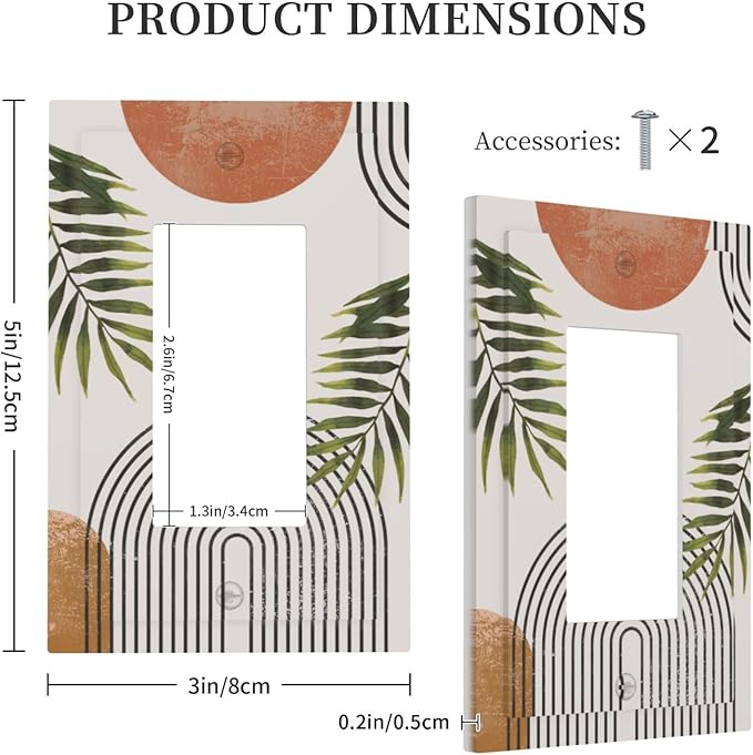 Beautiful Boho Mid Century Large Archs Sun Leaves Plants Decorative Outlet Covers 1 Gang Single Rocker Light Switch Cover Plate Wall Plates GFCI Faceplate for Bedroom Living Room Decor