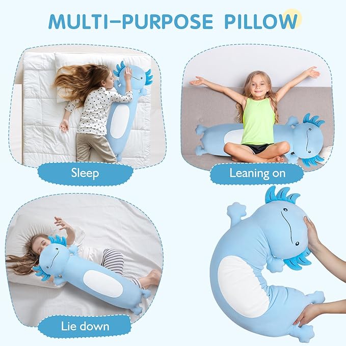 Dalmao 44 inch Cute Giant Blue Axolotl Plush Soft Body Pillow, Large Axolotl Stuffed Animals Toy, Squishy Plushies Gifts for Kids Boys Girls Birthday