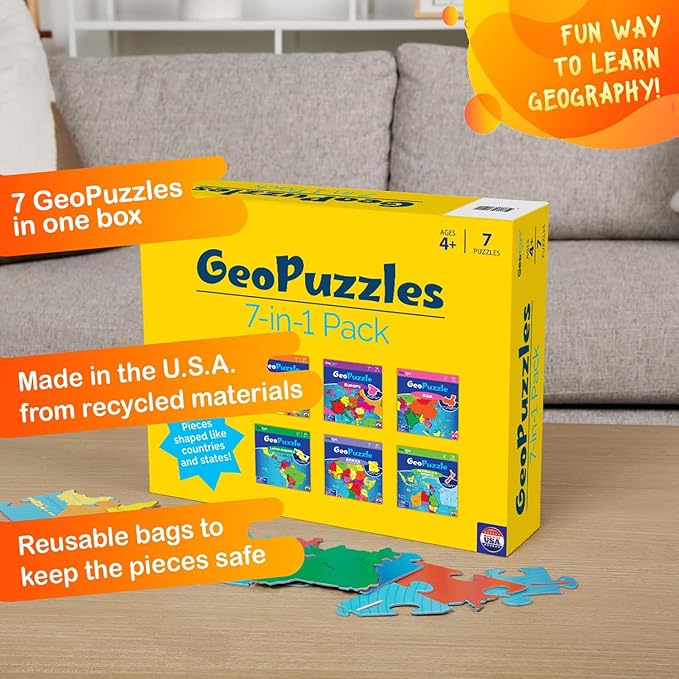 GeoToys GeoPuzzle, Country-Shaped Jigsaw Puzzles Set of 7 in One Box, Geography Puzzle, Map Puzzle - Jigsaw Puzzles for Kids Ages 4+ Years Old, Stocking Stuffers for Kids