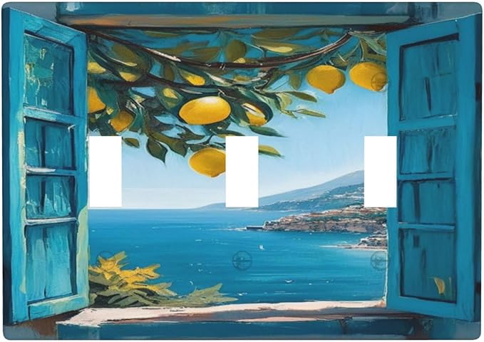 Decorative Art Light Switch Covers Seaside Window with Lemons 3 Gang Triple Toggle Wall Plate Decorative Switch plate Electrical Faceplate for Home Decor