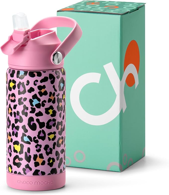 Choco Mocha Kids Water Bottle For School, Kids Insulated Water Bottle Stainless Steel for Girls,14Oz Pink Leopard