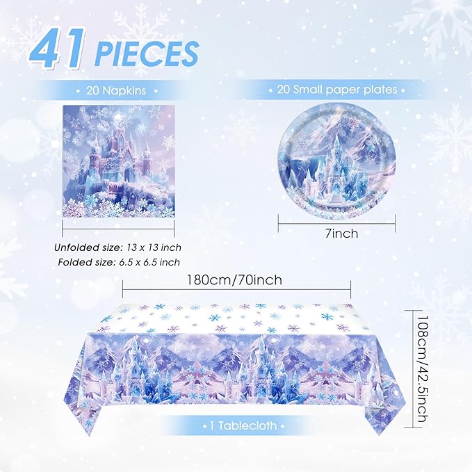41Pcs Winter Wonderland Decorations Snowflake Castle Party Supplies Blue Purple Snowflake Plates Napkins Tablecloth, for Winter Birthday, Baby Shower, Princess Party Decor, Classroom Celebration