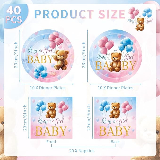 40 Pcs Gender Reveal Decorations - Boy or Girl Plates and Napkins Set, Pink and Blue Baby Bear Paper Plates Napkins Disposable Tableware for Gender Reveal Party Supplies Table Decor Favors, Serve 20