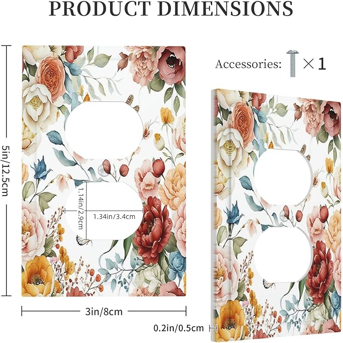 Rustic Style Colorful Peony Butterfly Dragonfly Outlet Covers 1 Gang Duplex Electrical Receptacle Faceplate Light Switch Cover Wall Plate Decorative Switch Plates for Bedroom Living Room Decor