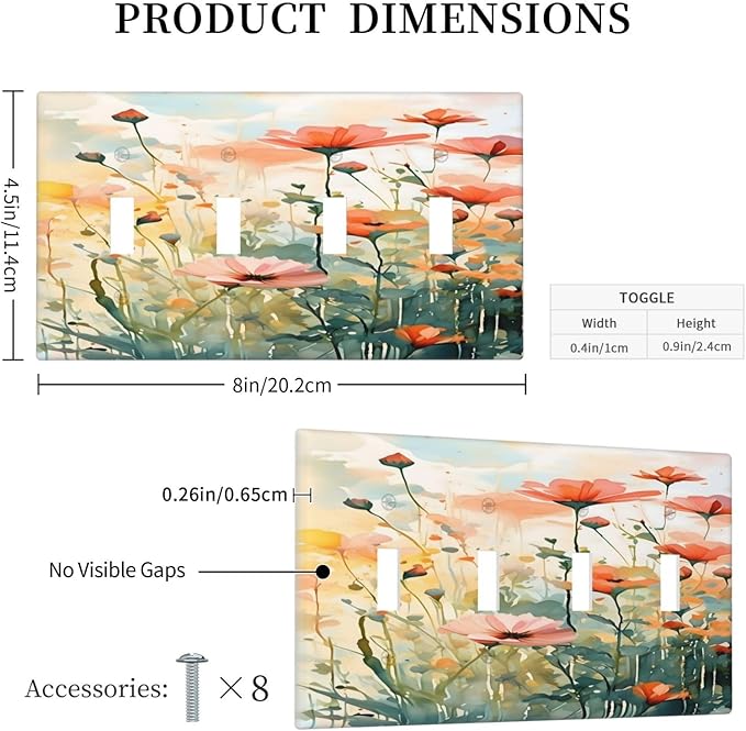 Vintage Red Orange Yellow Poppy Floral Flowers Light Switch Covers Quad Toggle Electrical Faceplate 4 Gang Wall Plate Decorative Switch Plates Cover for Bedroom Living Room Decor