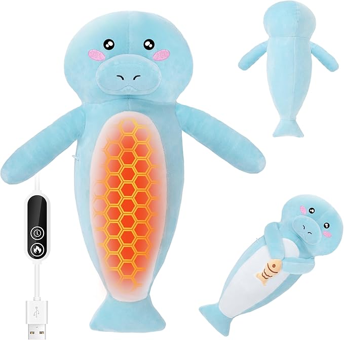 Manatee Heating Pad Plush, Cute Heating Pad for Period Cramps, USB Powered Electric Heated Stuffed Animal Toy for Pain Relief, Soft Portable Gift for Mother Women Kids, Easter Gifts, Blue