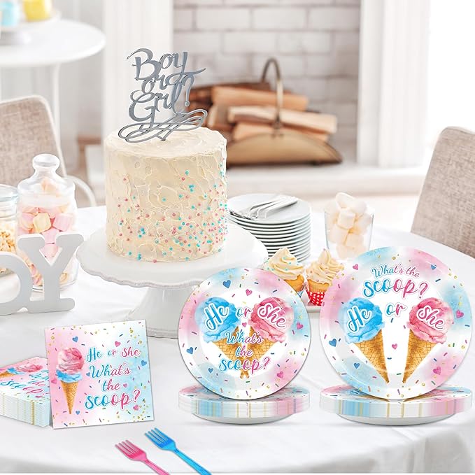 96PCS Ice Cream Gender Reveal Party Paper Tableware What's the Scoop Gender Reveal Plates Party Supplies for Summer Ice Cream Theme He or She Boy or Girl Baby Shower Dinnerware Plates Napkins Forks