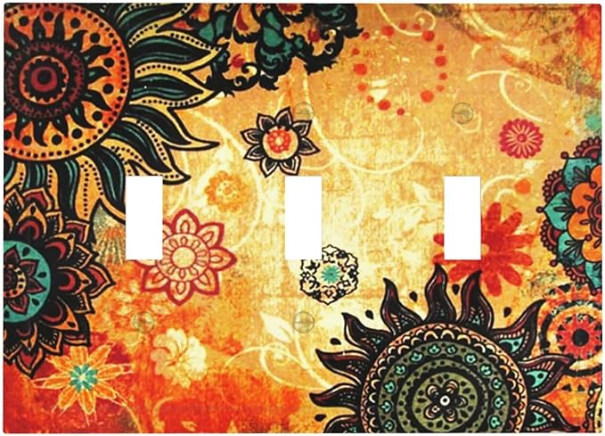 Retro Red Mandala Boho Floral Triple Toggle Device Switch Wall Plate 3-Gang Light Switch Cover Burnt Orange Sunflower Vintage Bohemian Flower Decorative Decorator Wallplate Switchplate Room Decorate