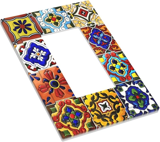 Vintage Colorful Boho Mexican Moroccan Tile Decorative Outlet Covers 1 Gang Single Rocker Light Switch Cover Plate Wall Plates GFCI Faceplate for Farmhouse Home Decor