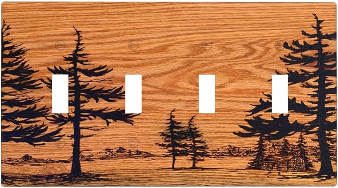 Pine Forest Natural Scenery Silhouette Wood Grain Light Switch Covers Quad Toggle Electrical Faceplate 4 Gang Wall Plate Decorative Switch Plates Cover for Farmhouse Home Decor