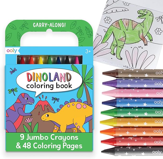 Ooly Travel Art Kit with 9 Jumbo Crayons & 48 Themed Coloring Pages & Case for Easy Traveling Art Creation, Perfect Airplane & Road Trip Activities for Kids - Dinoland