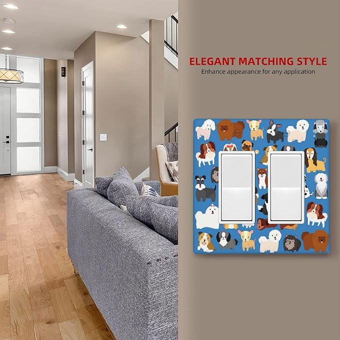 Cute Animal Dogs Puppy Decorative Outlet Cover Double Rocker Light Switch Plate Cover Electricity Receptacles Plates For Home Kitchen Living Bedroom 4.6 * 4.5