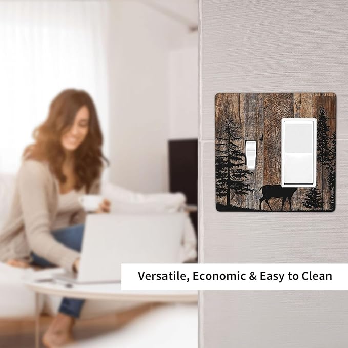 Outlet Covers Rustic Forest Antler Elk Deer Silhouettes Animals Wood Grain 1 Toggle 1 Rocker Combination Decorative Wall Plate Light Switch Cover Plate Electrical Switch Plates for Farmhouse