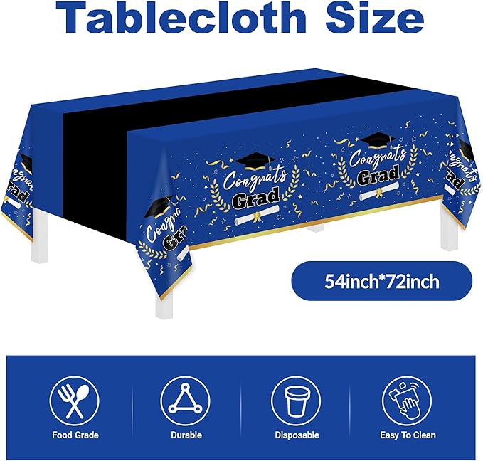 Graduation Decorations Class of 2026 Graduation Party Decorations,147 PCS Disposable Congrats Grad Tableware,Blue and Black Tablecloth Knives Fork Plates Napkin Cups for School,College,Party,Serve 24