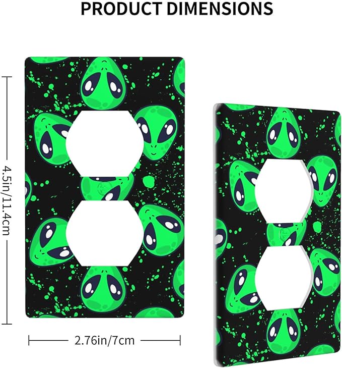 Alien Pattern 1-Gang Duplex Wall Plate, Green Black Alien Outlet Cover Decorative Faceplate for Boys Kids Room, Playroom & Game Room