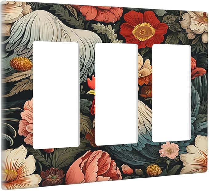 Light Switch Covers Rooster Flowers Red White Chicken Floral 3 Gang Rocker Electrical GFCI Decorative Triple Outlet Wall Plate Cover Switchplate for living Room Farmhouse Decor