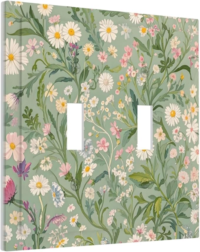 Decorative Switch Plate Cover with Vintage Wildflowers & Daisies on Light Green Background Design 2 Gang Wall Plate Unique Double Toggle Double Light Switch Covers