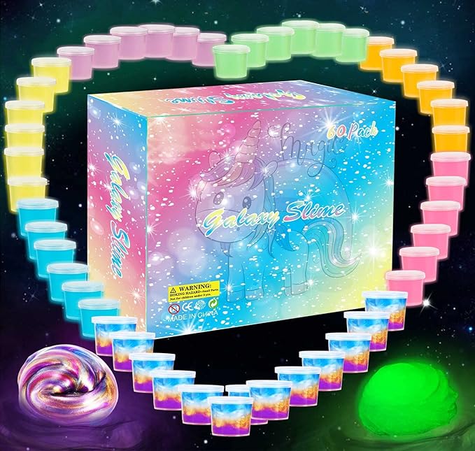 60 Pack Galaxy Slime Pack, Including Glow in The Dark Slime 30 Pack and Galaxy Color 30 Pack, Super Soft and Stretchy Slime Toy for Kids Valentine, Birthday, Classroom Prizes, Goodies Bag Stuffer.