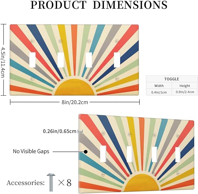 70s 60s Hippie Bohemian Minimalist Aesthetics Art Mid Century Boho Abstract Sun Sunrise 4 Gang Quad Toggle Outlet Cover Light Switch Cover Wall Plate Electrical Faceplate