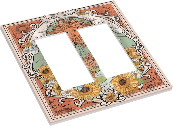 Boho Retro Sun Sunflower Vintage Flower Butterfly Decorative Outlet Covers 2 Gang Double GFCI Rocker Electrical Wall Panels Light Switch Cover Plate for Farmhouse Home Decor